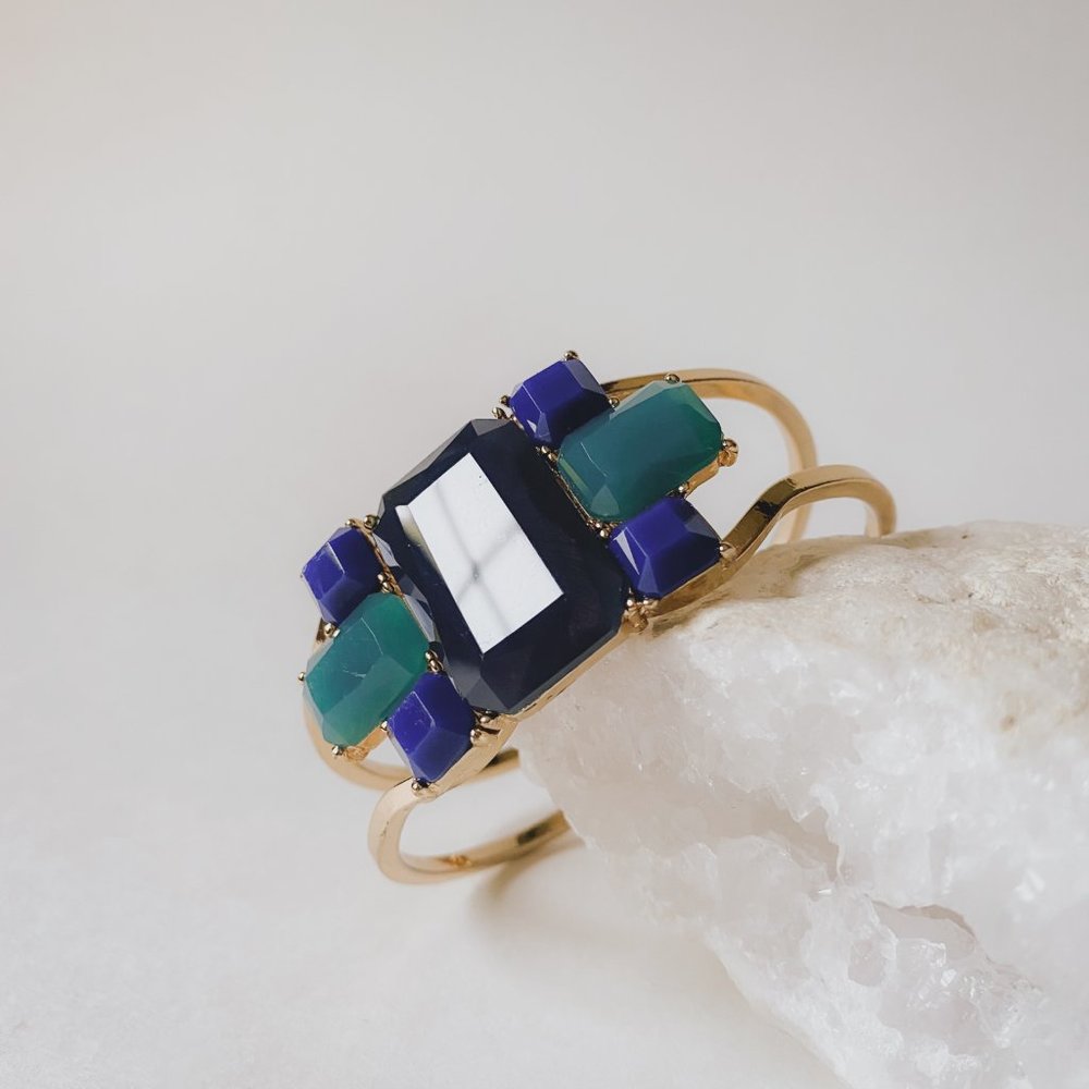 Blue Faceted Baguette Rhinestone Modern Cluster Gold Hinge Clamp Cuff Bracelet